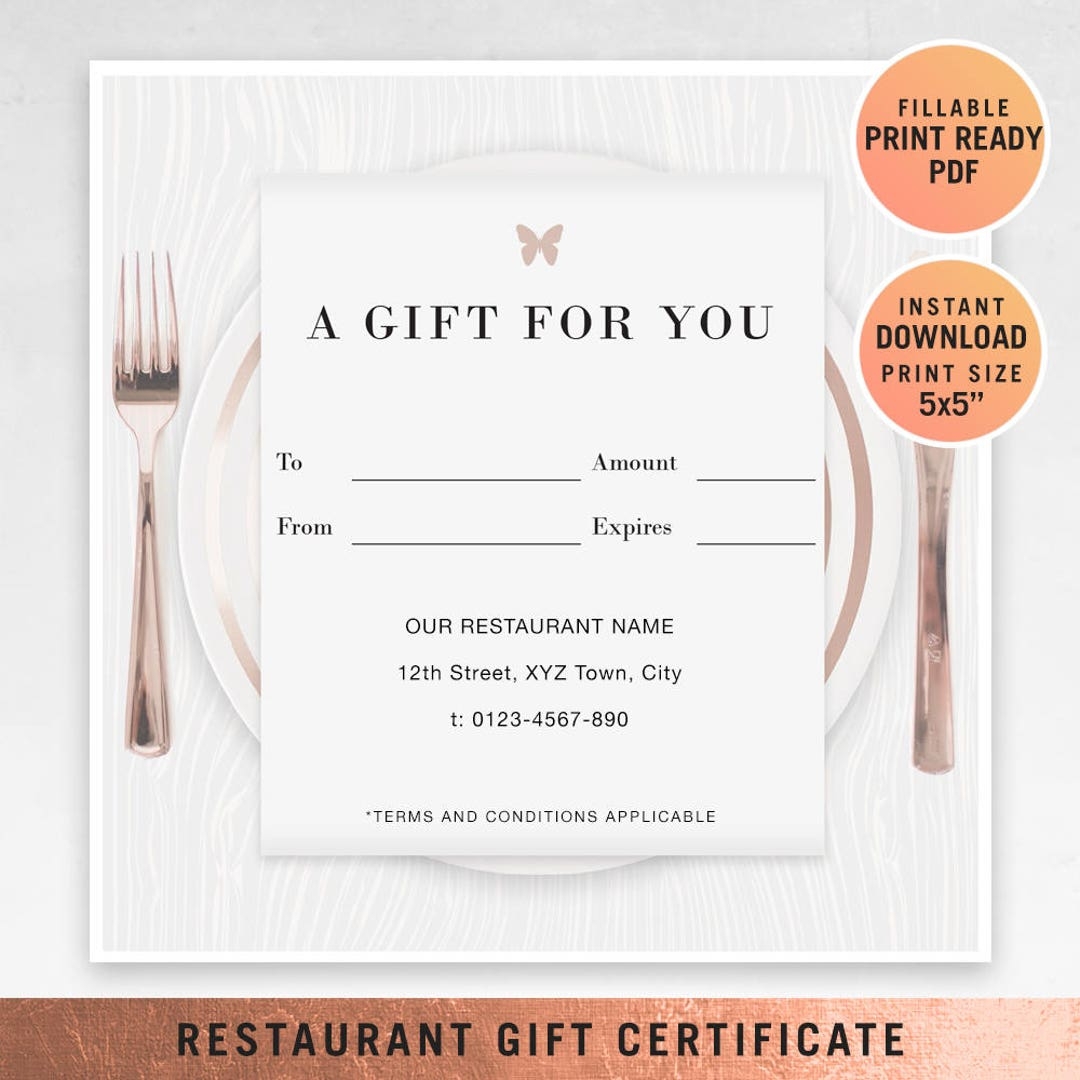 Restaurant Fillable Gift Certificate Template A Gift For You Gift Voucher Gift Certificate Printable PDF Dining Voucher Template Etsy