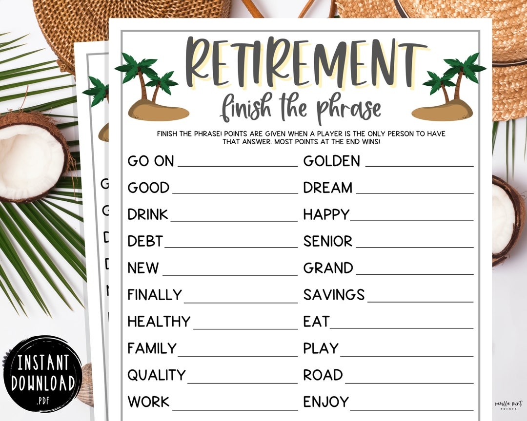 Retirement Finish The Phrase Party Games Retirement Game Fun Retirement Party Games Funny Games For Work Games For Adults Kids Etsy