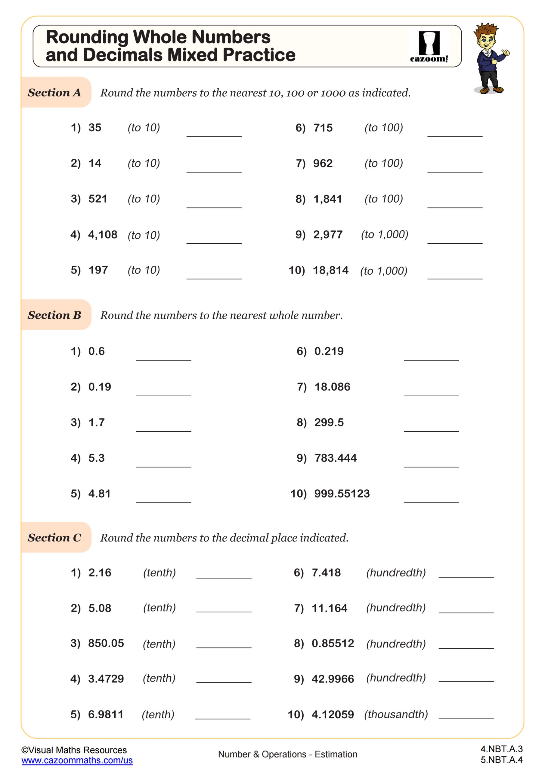 Rounding Whole Numbers And Decimals Mixed Practice Worksheet PDF Printable Number Operations Worksheet