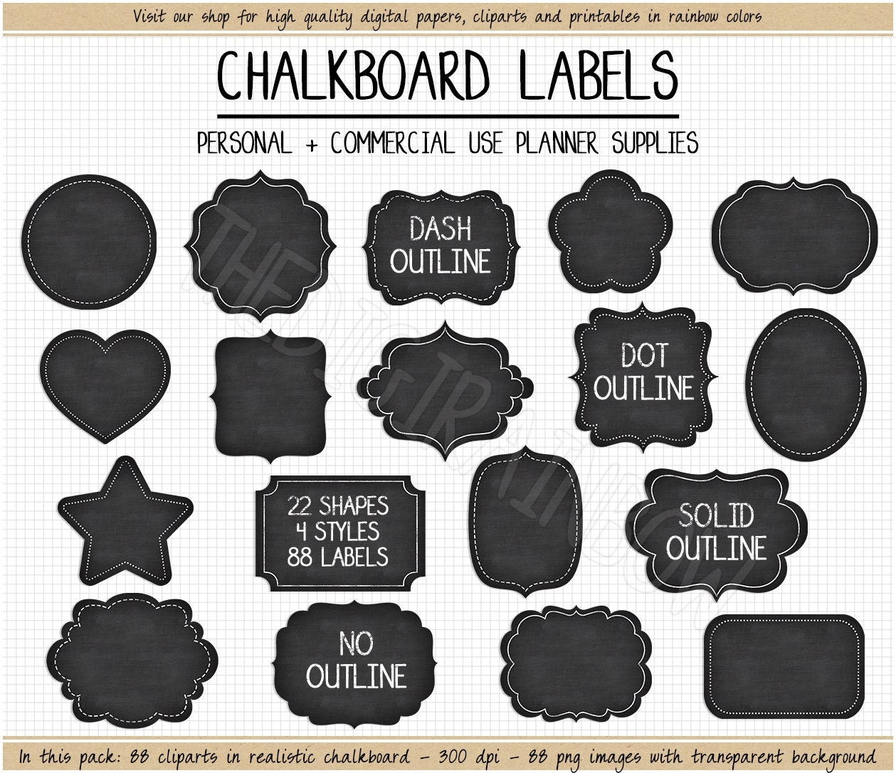 SALE Printable Chalkboard Labels Outlined Black Label Clipart Printable Chalkboard Tags School Labels Pantry Spice Jar Labels Chalk Board Etsy