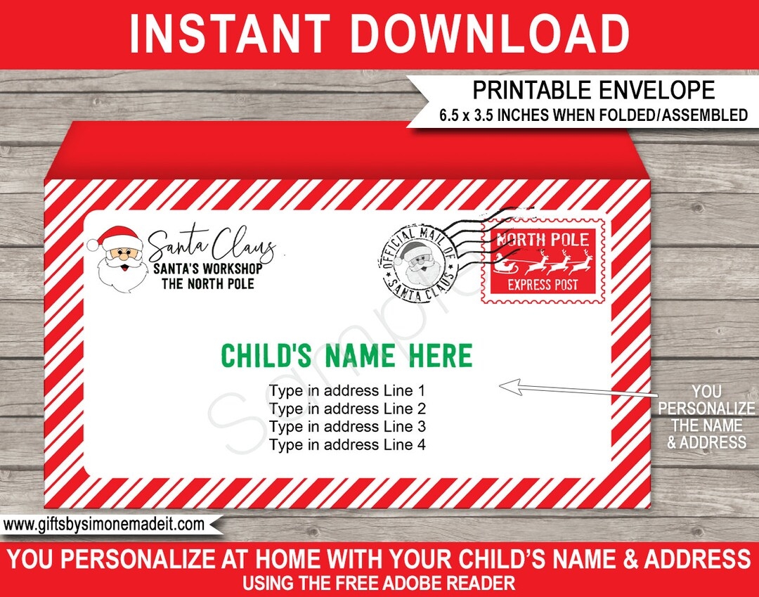 Santa Envelope Template Christmas Santas Workshop North Pole Printable INSTANT DOWNLOAD With EDITABLE Name Address Etsy