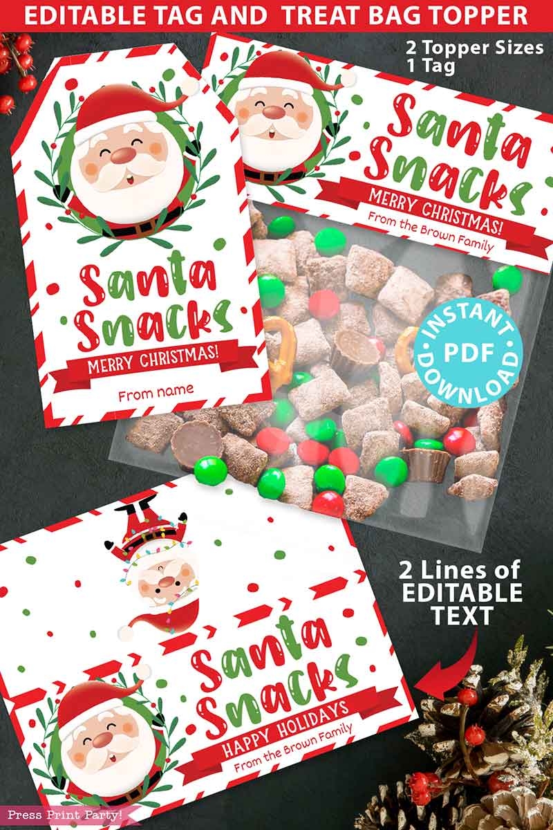 Santa Snacks Christmas Treat Bag Toppers And Tag Press Print Party 
