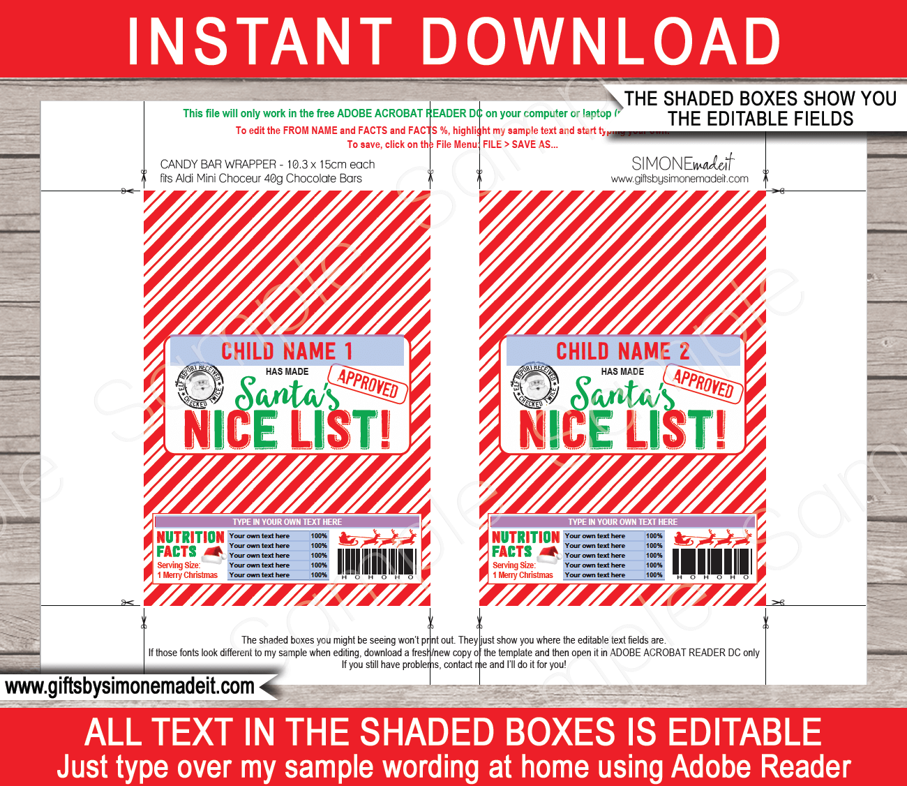 Santas Nice List Chocolate Bar Wrappers Template Aldi Choceur Christmas Label
