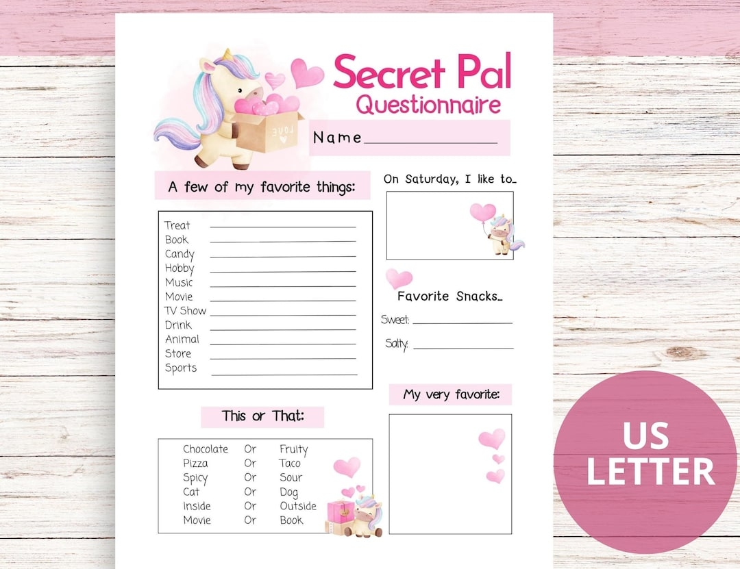 Secret Pal Questionnaire Valentine s Day Secret Valentine Printable Questionnaire Gift Exchange Wish List Form Secret Pal All About Me Etsy