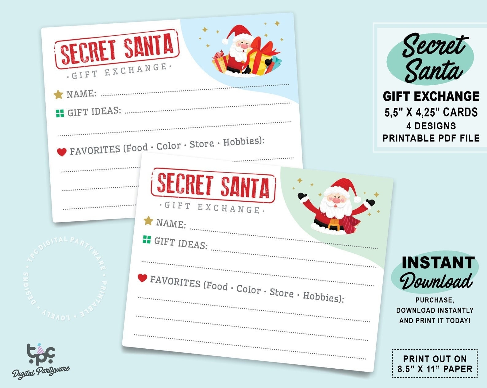 SECRET SANTA FORM Gift Exchange Cards Printable Christmas Gift List For Work Fun Secret Santa Party Questionnaire Set of 4 Cards Etsy