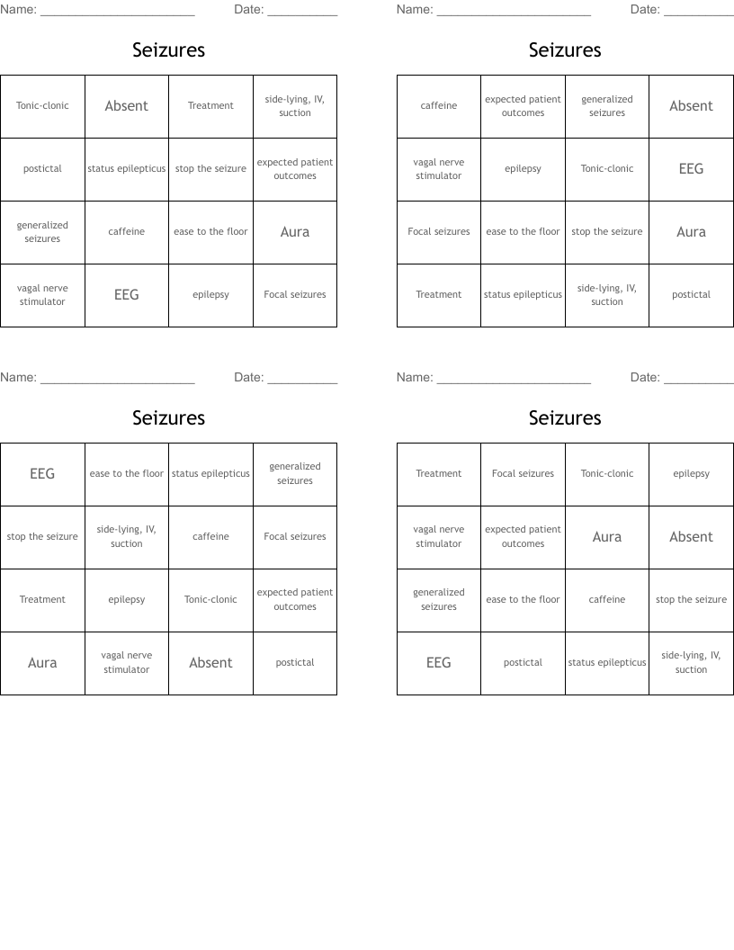 Seizures Bingo Cards WordMint