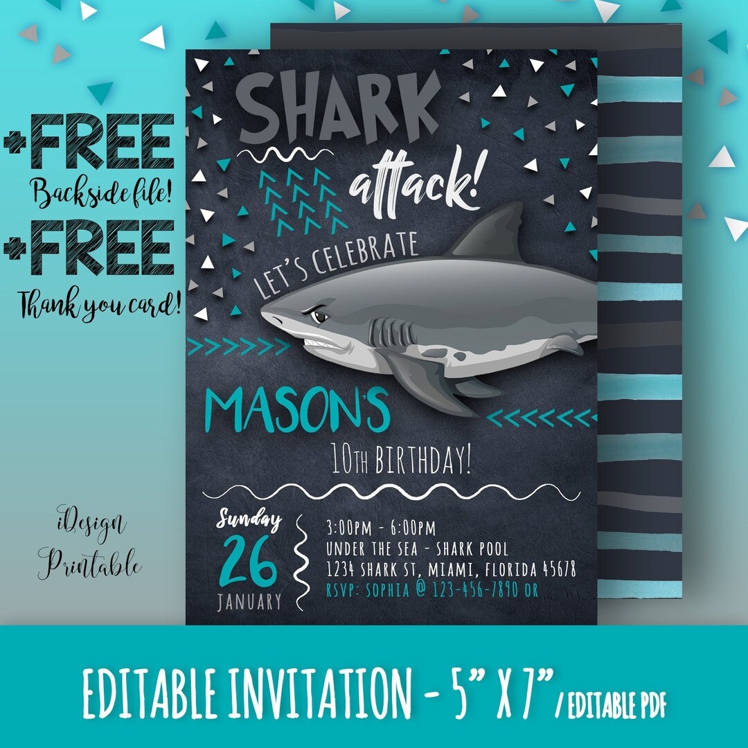 Shark Invitation Shark Birthday Invitation Shark Party Printable Pool Party Invitations Shark Attack Under The Sea Shark Themed Invite Etsy