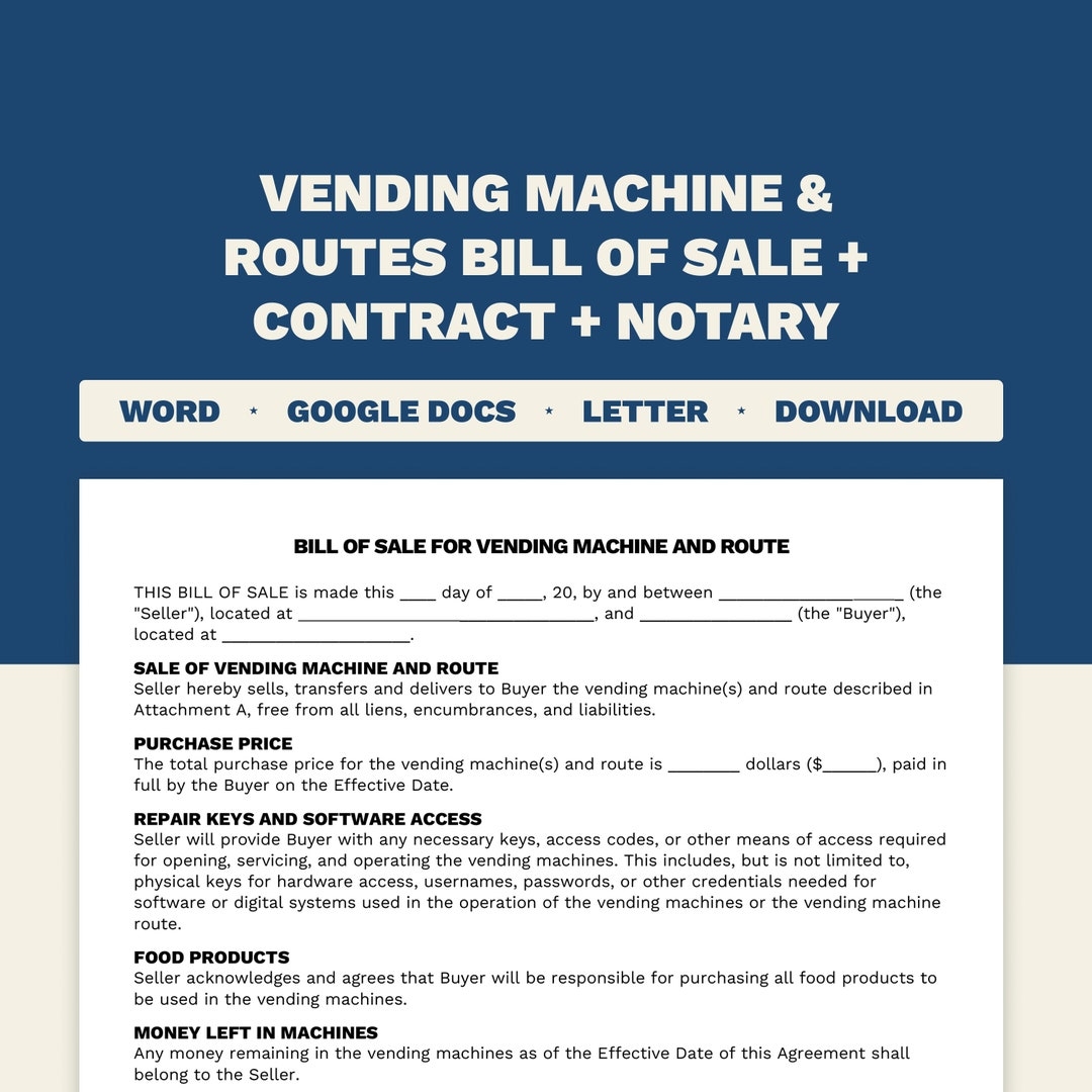 Simple Bill Of Sale Vending Machine And Routes Contract Template Microsoft Word Google Docs Format Letter And A4 Print Size Etsy