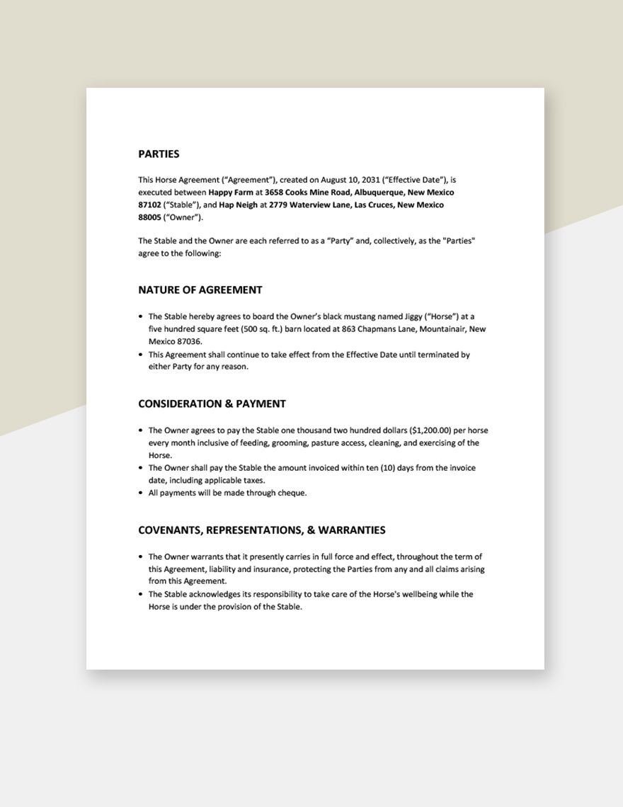 Simple Horse Boarding Agreement Template In Word Google Docs Pages Download Template
