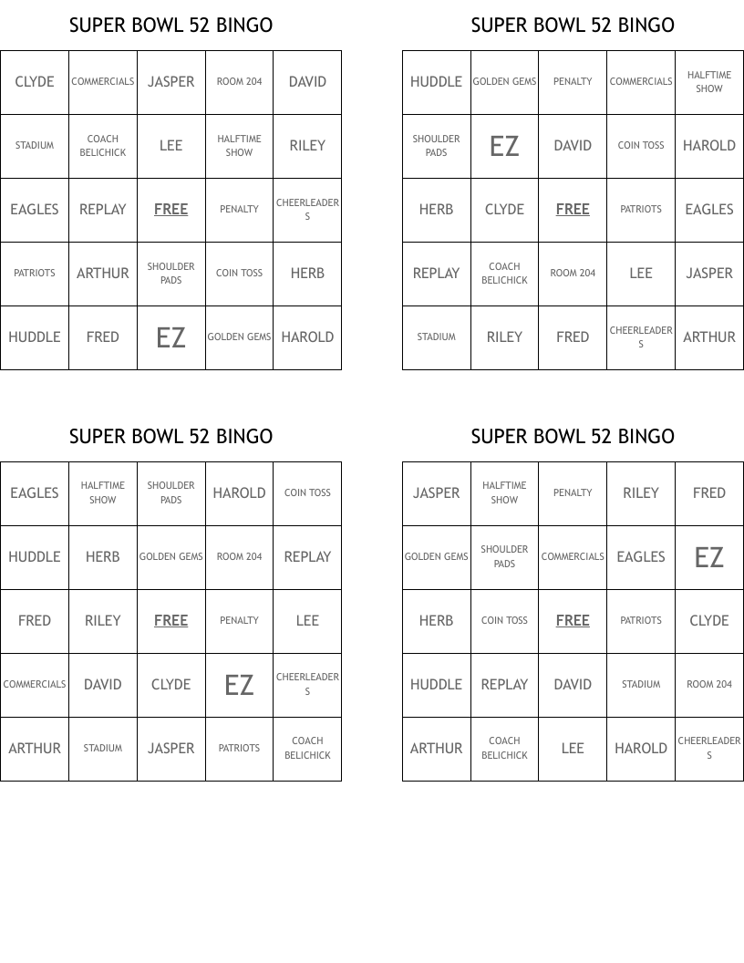 SUPER BOWL 52 BINGO WordMint