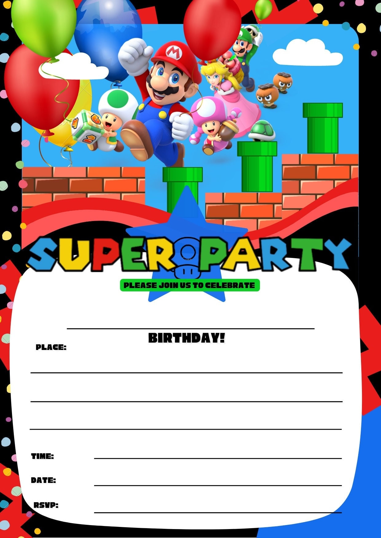 Super Party Mario Theme Birthday Party Invitation Printable Digital Download Etsy