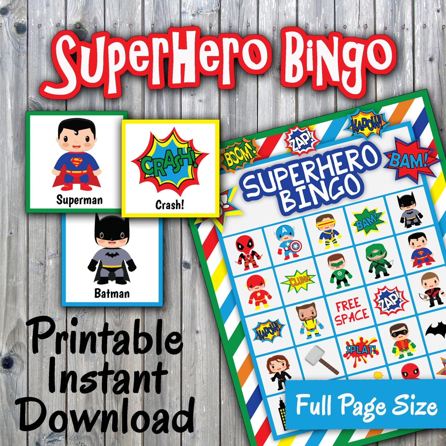 Superhero Bingo Printable Game 30 Different Cards Full Page Size Super Hero Memory Game Printable Party Game INSTANT DOWNLOAD Etsy