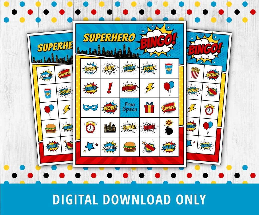 Superhero Bingo Superhero Bingo Printable Comic Bingo Superhero Birthday Games Superhero Party Family Games Kid Activities DIGITAL Etsy