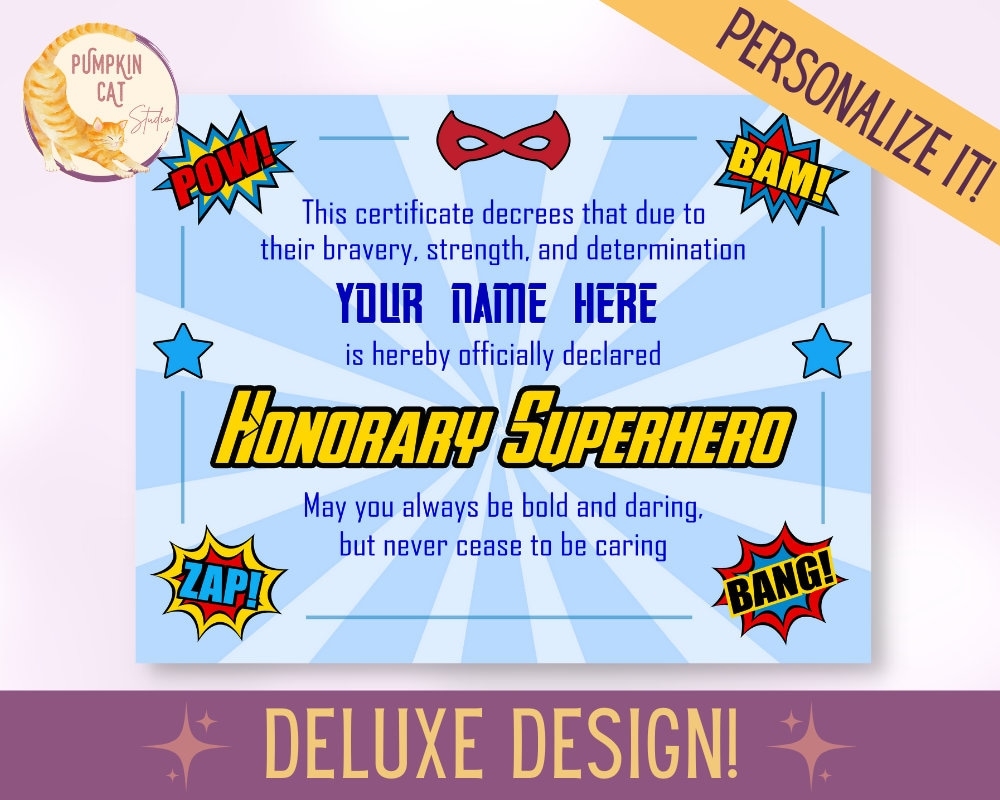 SUPERHERO Certificate PERSONALIZE IT Printable Instant Download For Birthday Gifts Party Favors Superhero Training Etsy