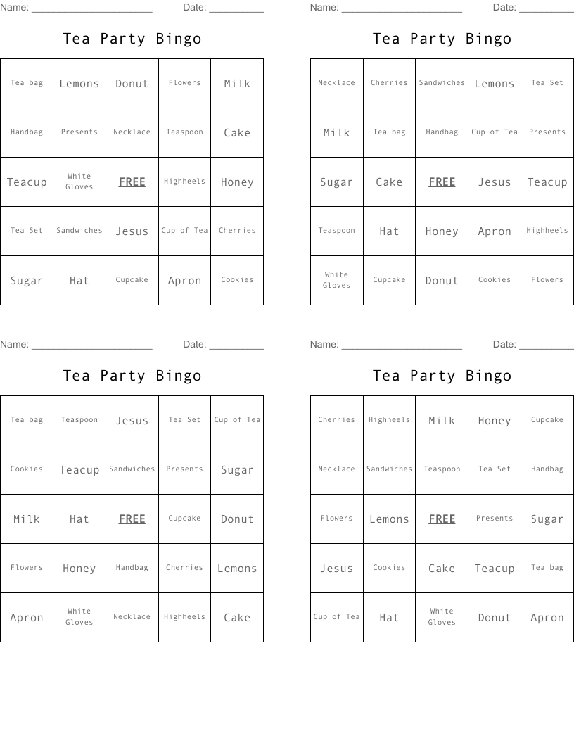 Tea Party Bingo WordMint
