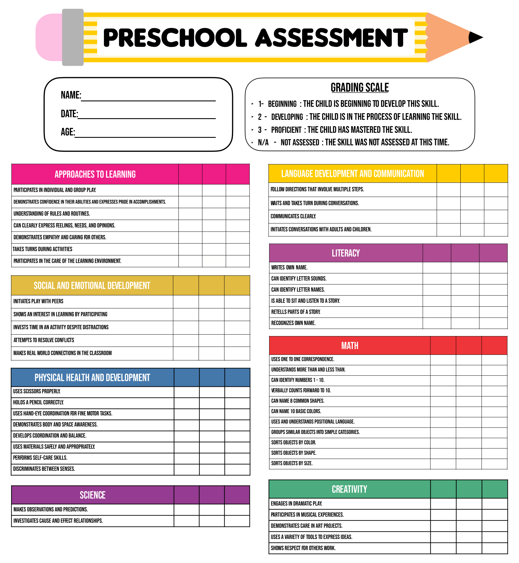 Free Printable Transitional Kindergarten Assessments