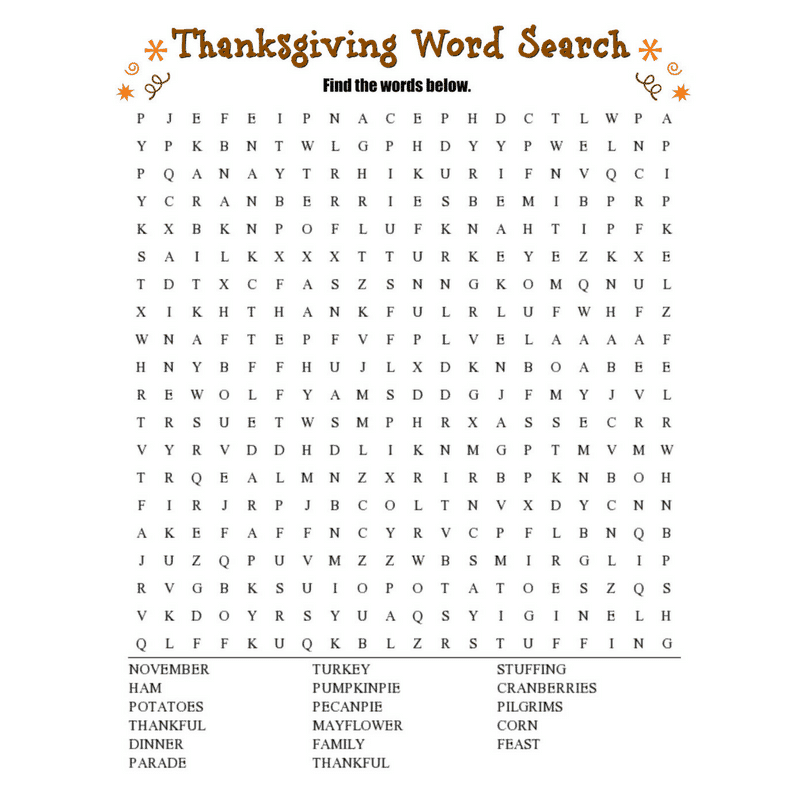 Thanksgiving Word Search FREE Printable 