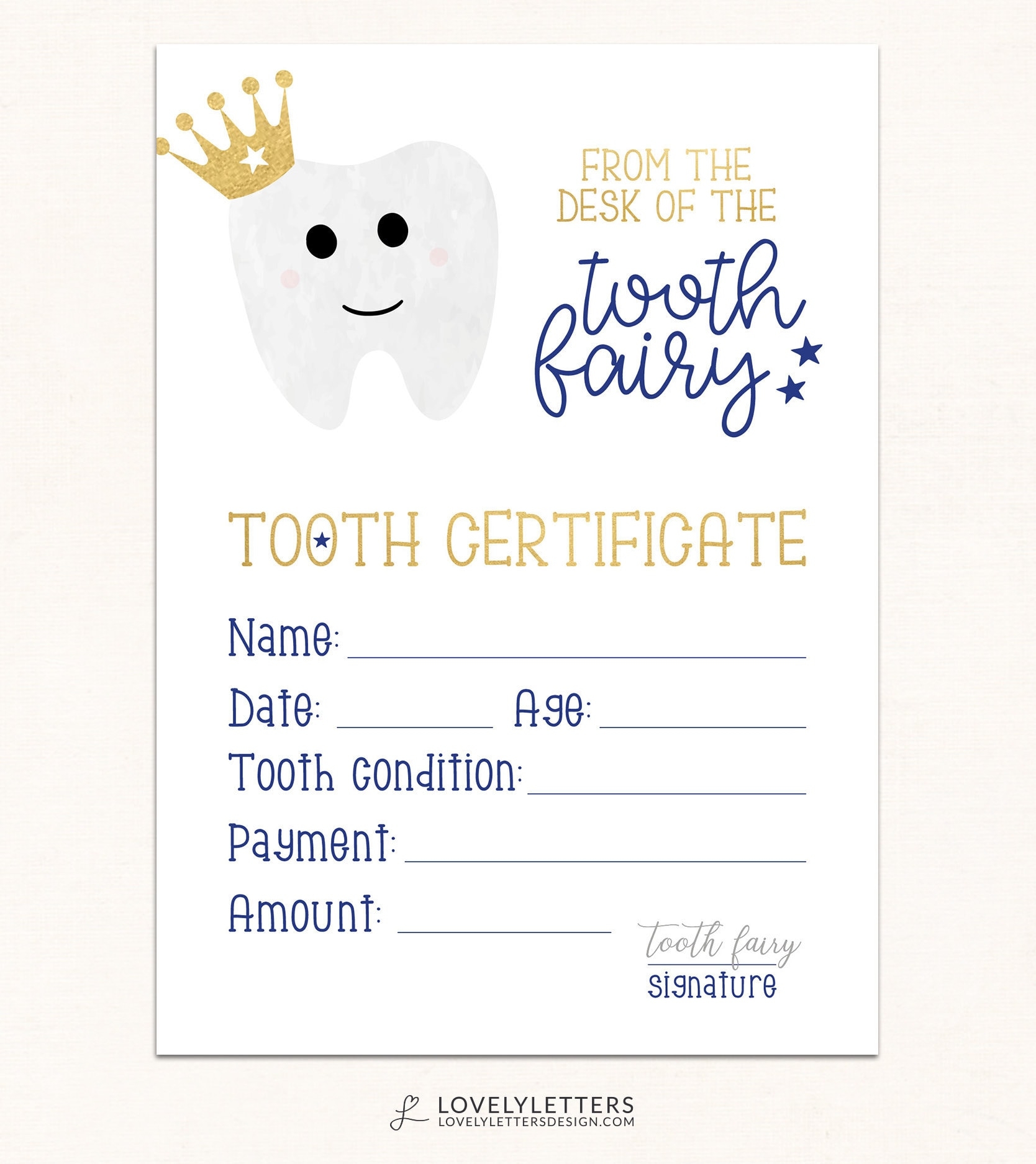Tooth Fairy Receipt DIGITAL Tooth Fairy Certificate Boys Tooth Fairy Print Certificate From Tooth Fairy Tooth Fairy Printable Etsy