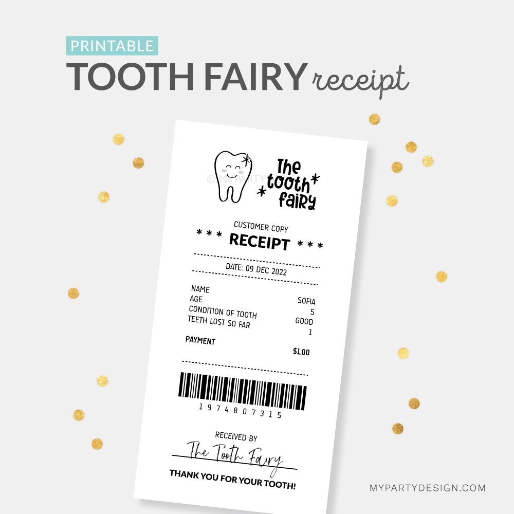 Tooth Fairy Receipt Printable PDF My Party Design
