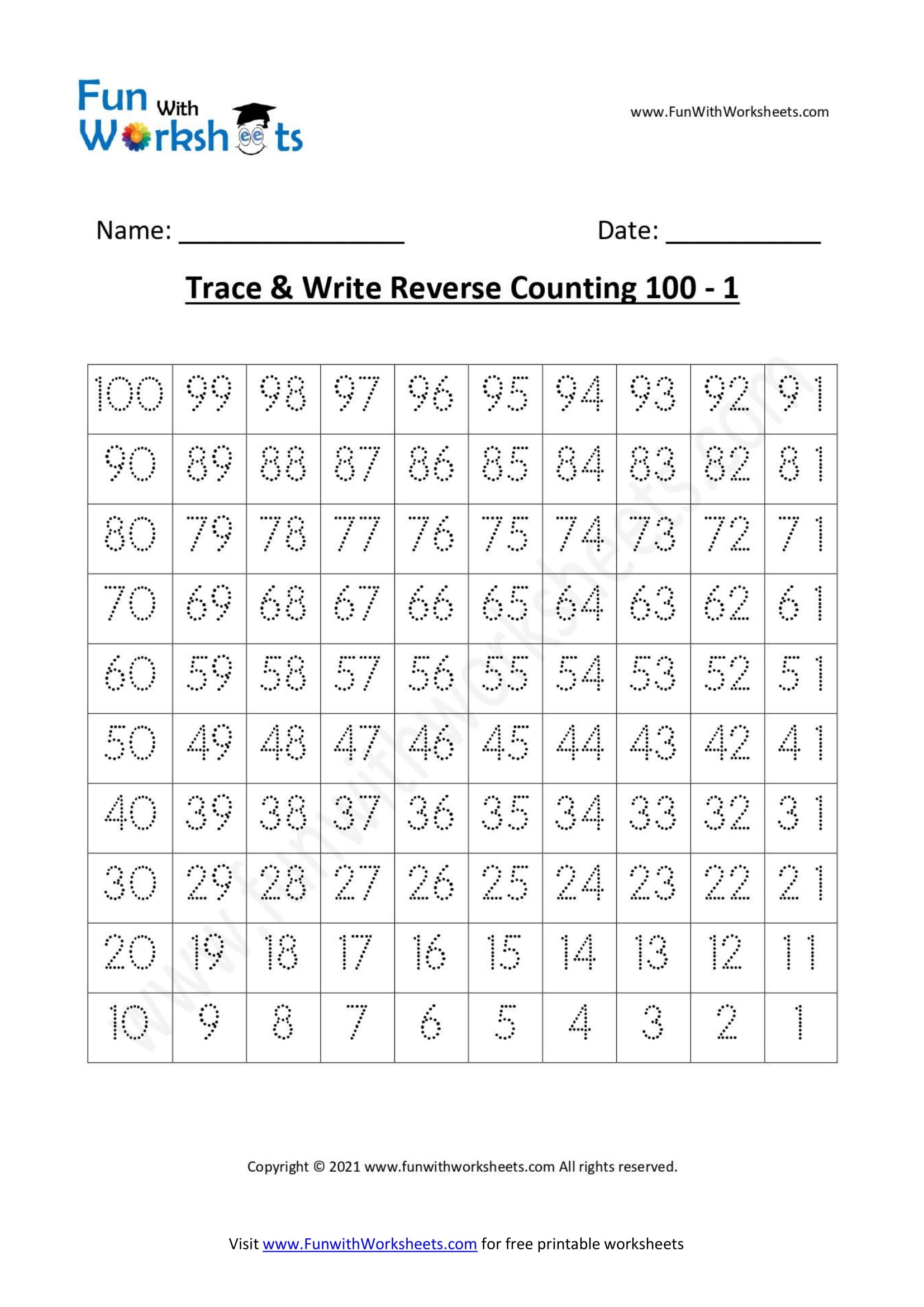 Trace And Learn Reverse Counting 100 1 Worksheet 1 Worksheets Library