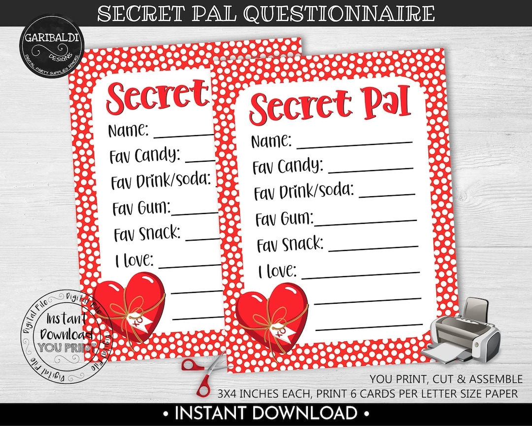 Valentine s Day Secret Pal Questionnaire Printable Gift Exchange Wish List Form Secret Pal Survey My Favorite Things Gift Ideas Card VL Etsy