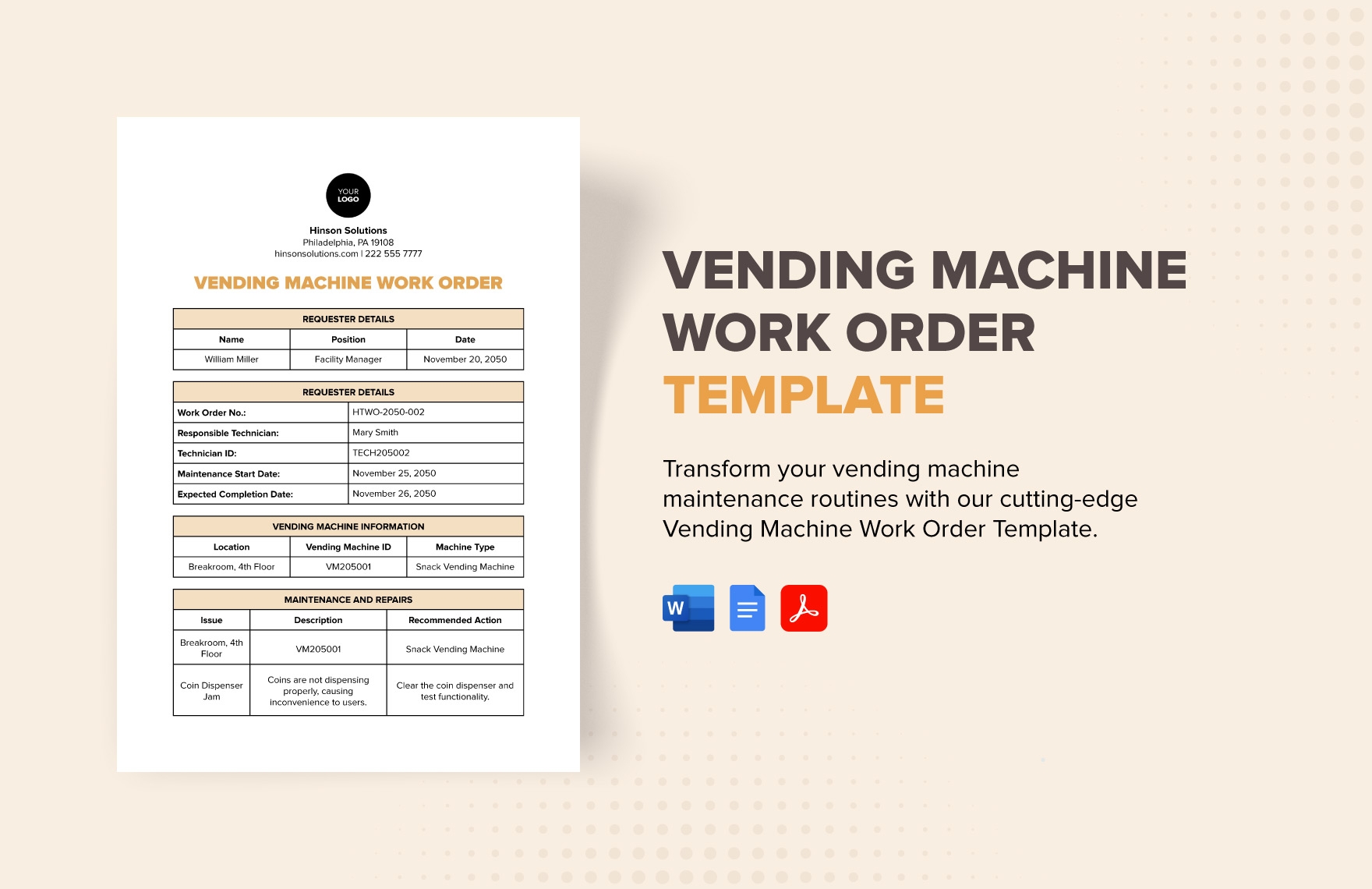 Vending Machine Work Order Template In Word PDF Google Docs Download Template