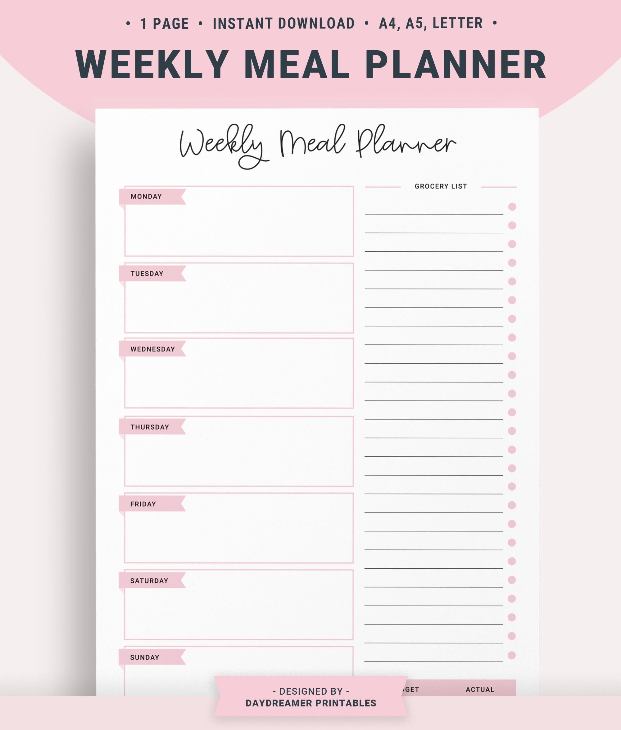 Weekly Meal Plan Printable Meal Planner Template Grocery List Food Tracker Menu Planner Budget Menu Plan Etsy