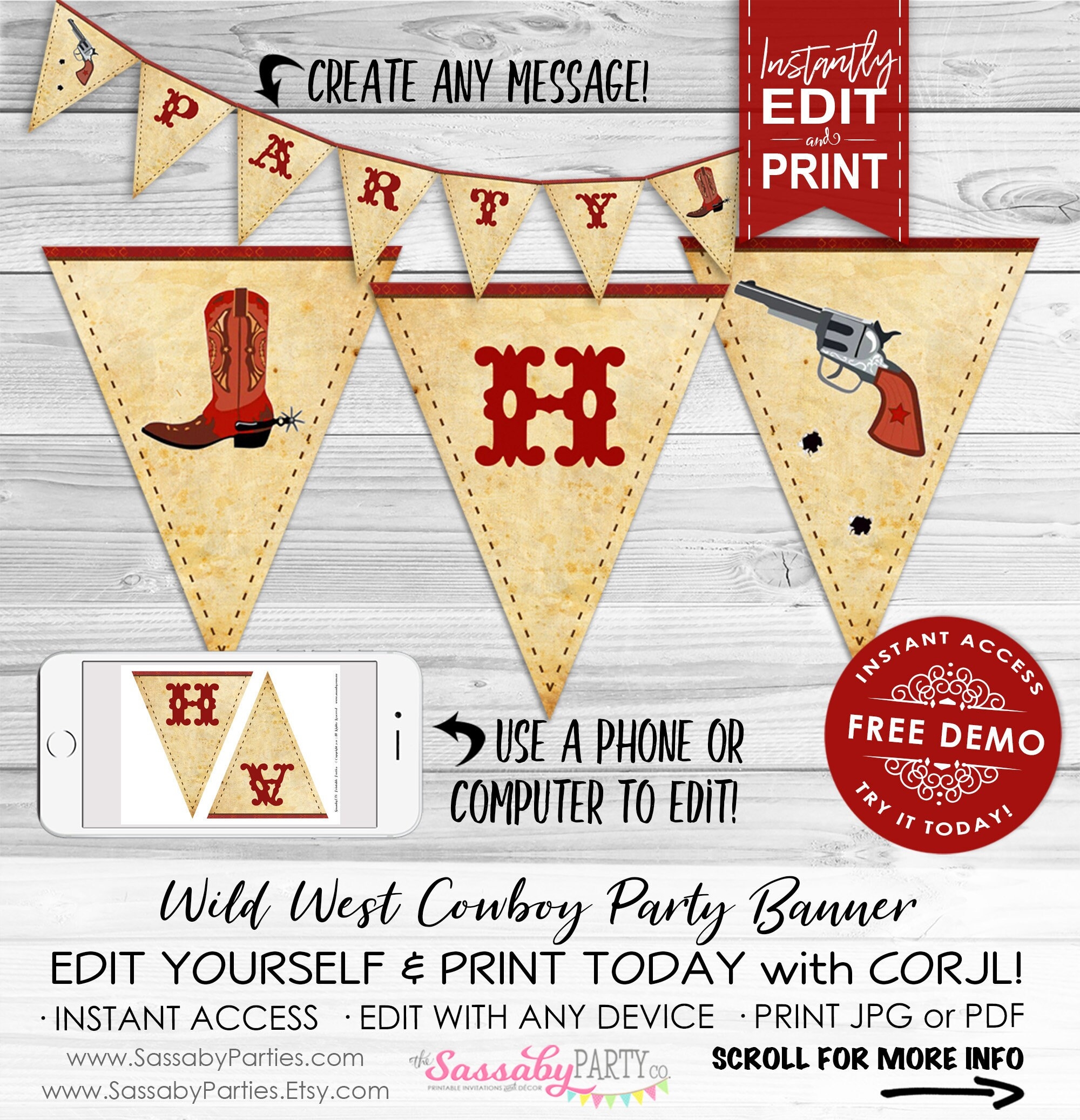 Wild West Cowboy Party Banner INSTANT DOWNLOAD Editable Printable Birthday Decorations Bunting Decor Western Rodeo Boots Etsy