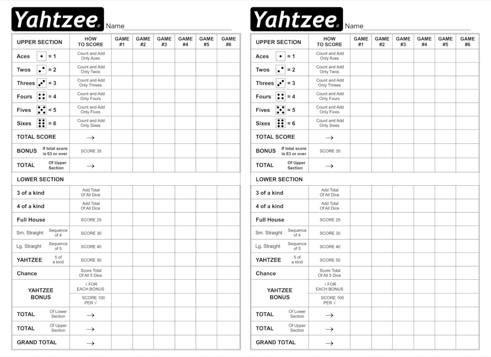 Free Printable Yardzee Score Sheet