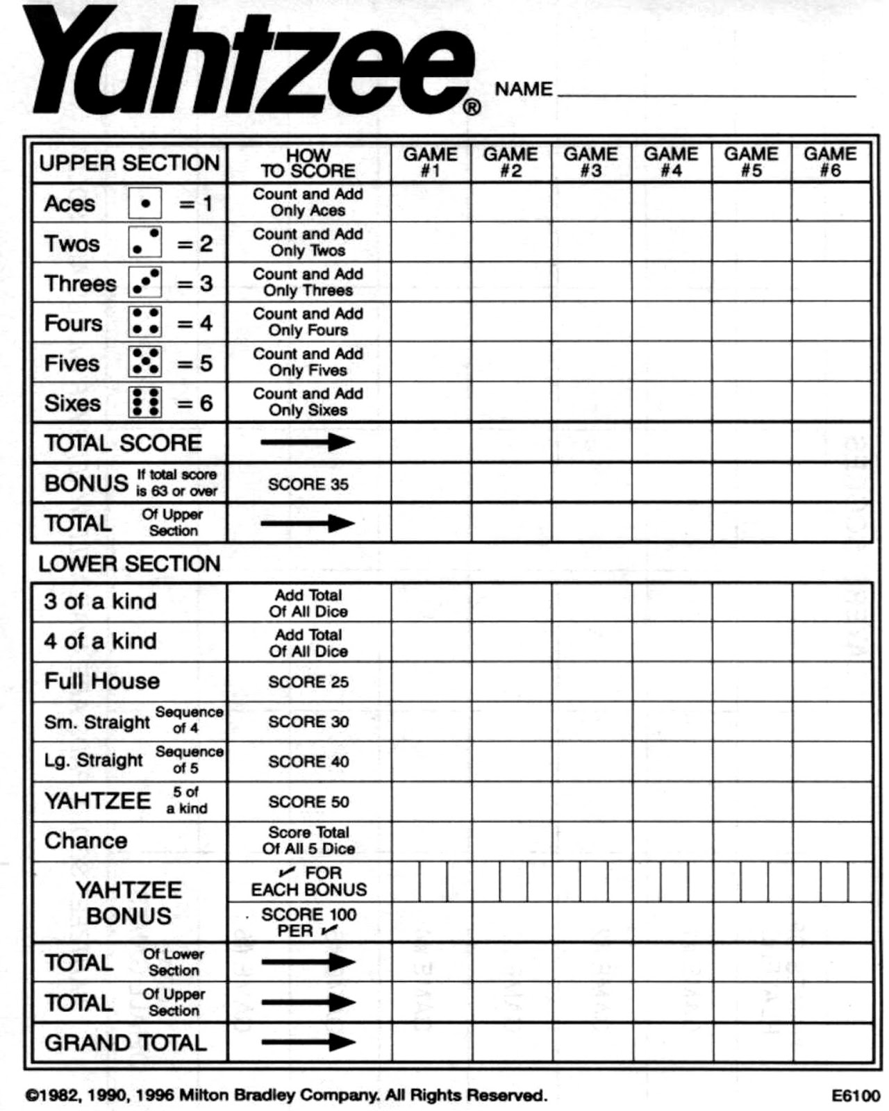 Printable Yardzee Score Sheet Free